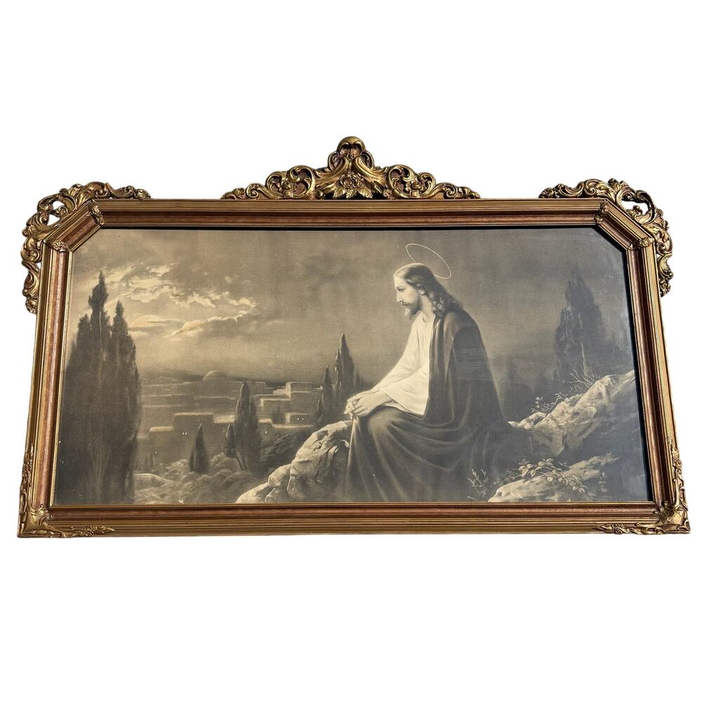Floral Ornate GoldTone wood Framed 44x29 Christian Jesus on Mount of St. Olives